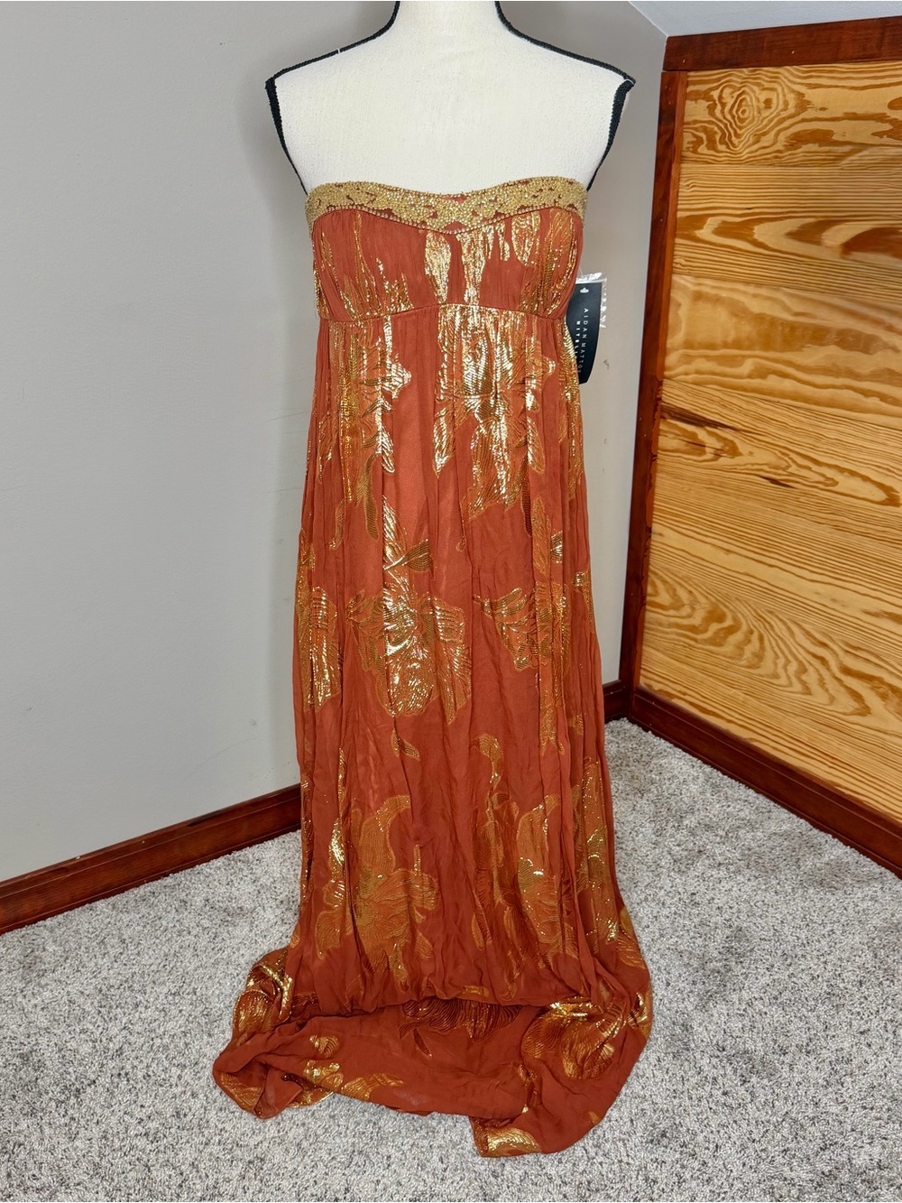 Aidan Mattox Niteline Strapless Beaded Metallic Maxi Dress 12 Silk Gold NWT